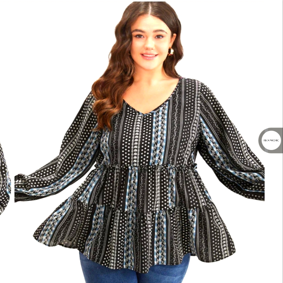 Bloomchic Boho Black And Blue Striped Blouse 14-16 Euc